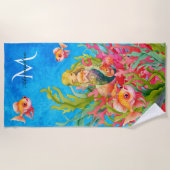 Serviette De Plage Monogramme bleu turquoise Nom Mermaid Beach Towel (Devant)