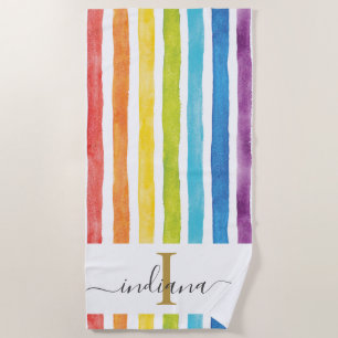Serviette De Plage Monogramme chic arc-en-ciel personnalisé