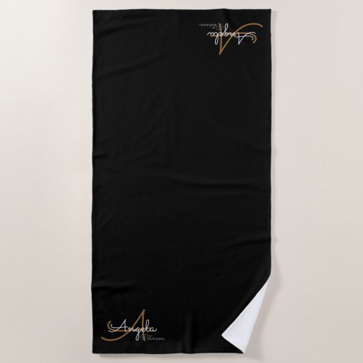 Serviette De Plage monogramme chic élégant sur noir (Devant)