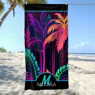 Serviette De Plage Monogramme Coloré Néon Noir Palmier Tropical Plage