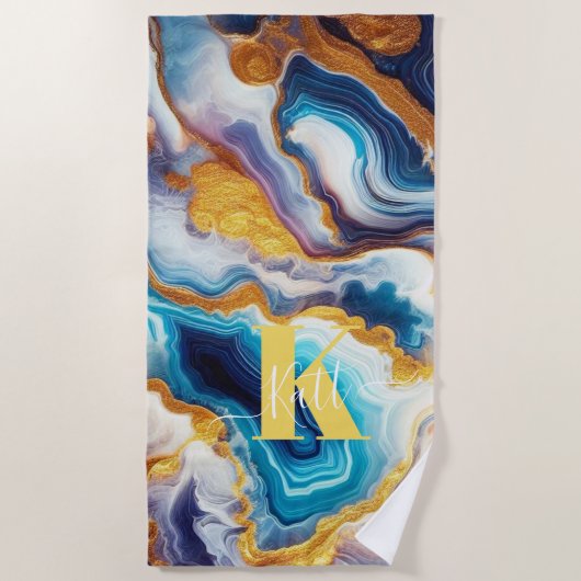 Serviette De Plage Monogramme d'âge doré Aqua Turquoise personnalisé (Devant)