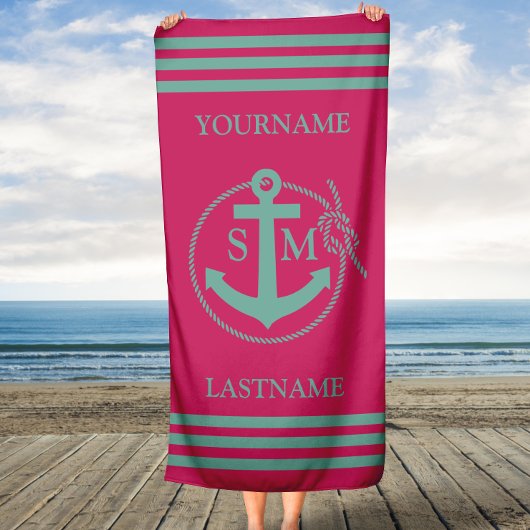 Serviette De Plage Monogramme d'Ancre marine Turquoise rose