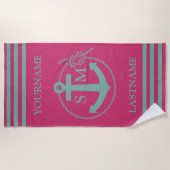 Serviette De Plage Monogramme d'Ancre marine Turquoise rose (Devant)