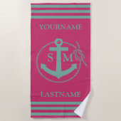 Serviette De Plage Monogramme d'Ancre marine Turquoise rose (Devant)