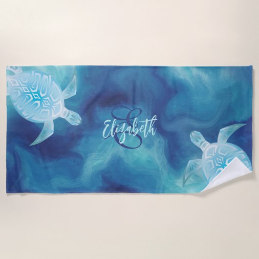 Serviette De Plage Monogramme d'aquarelle bleu tribal (Devant)