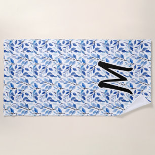 Serviette De Plage Monogramme d'art fin en mosaïque de feuilles bleue