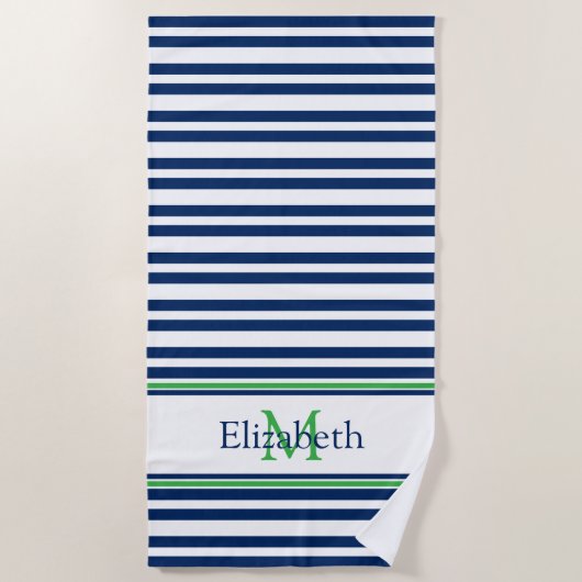 Serviette De Plage Monogramme de bande bleue et verte de la marine na (Devant)