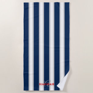 Serviette De Plage Monogramme de bande de cabane en bleu marine