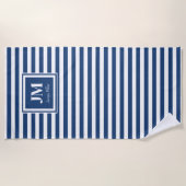 Serviette De Plage Monogramme de bande marine bleu et blanc (Devant)