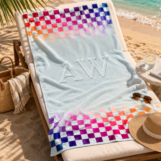 Serviette De Plage Monogramme de bordure à damier à dégradé moderne
