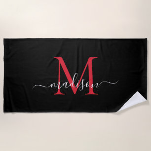 Serviette De Plage Monogramme de Bourgogne rouge noire Écriture fémin