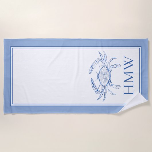 Serviette De Plage Monogramme de crabe bleu et blanc côtier (Devant)