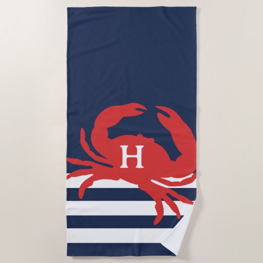 Serviette De Plage Monogramme de crabe rouge de la marine nautique (Devant)
