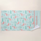 Serviette De Plage Monogramme de flamant rose tropical vert (Devant)