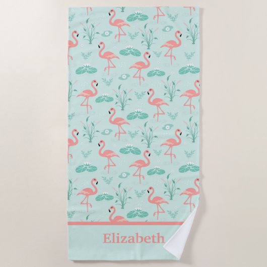 Serviette De Plage Monogramme de flamant rose tropical vert (Devant)