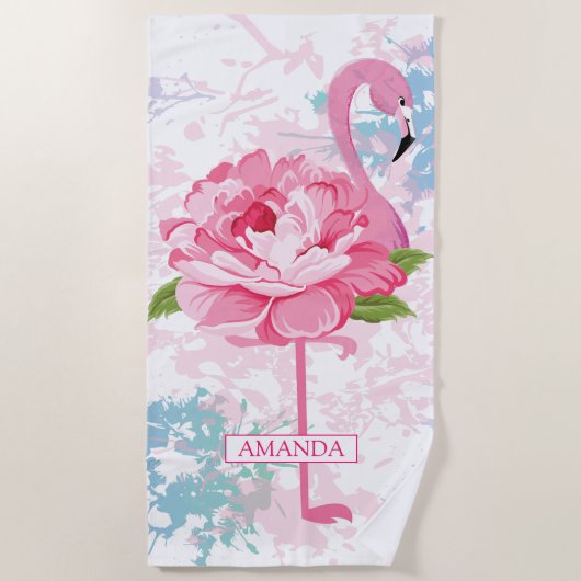 Serviette De Plage Monogramme de flamingo peint à la main (Devant)