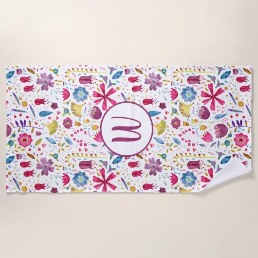 Serviette De Plage Monogramme de fleurs de haies d'aquarelle moderne (Devant)
