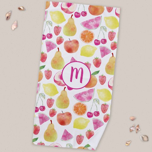 Serviette De Plage Monogramme de fruit à l'aquarelle