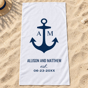 Serviette De Plage Monogramme de mariage d'ancre de marine nautique