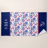 Serviette De Plage Monogramme de Motif marin bleu-rouge (Devant)