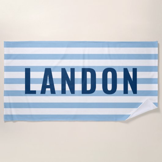 Serviette De Plage Monogramme de nom à rayure bleu marine moderne (Devant)