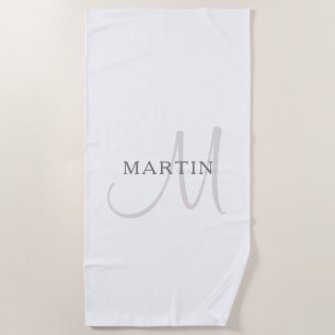 Serviette De Plage Monogramme de nom élégant Blanc & Gris
