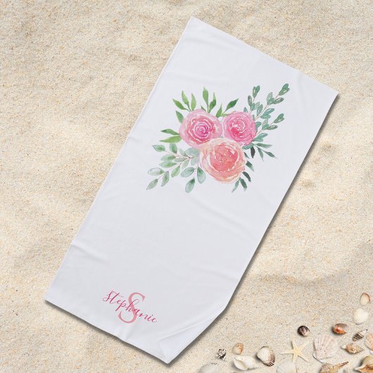 Serviette De Plage Monogramme de nom floral rose