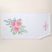 Serviette De Plage Monogramme de nom floral rose (Devant)