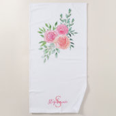 Serviette De Plage Monogramme de nom floral rose (Devant)