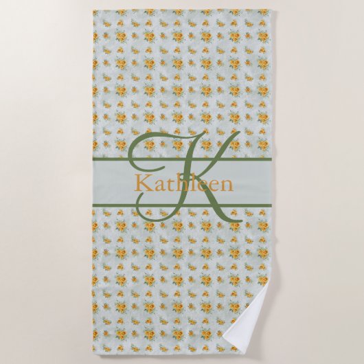Serviette De Plage Monogramme de nom initial floral jaune vert (Devant)