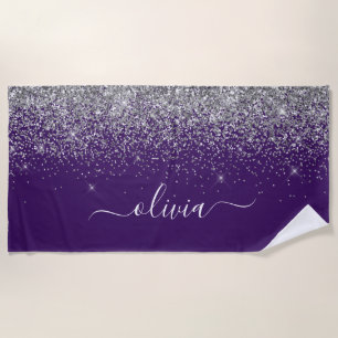 Serviette De Plage Monogramme de Parties scintillant d'argent violet