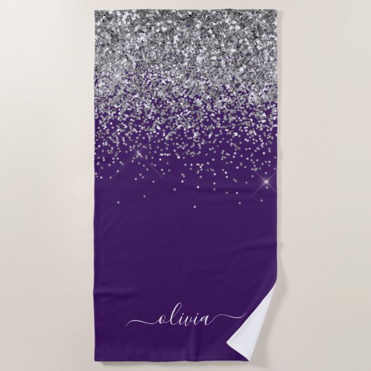 Serviette De Plage Monogramme de Parties scintillant d'argent violet (Devant)
