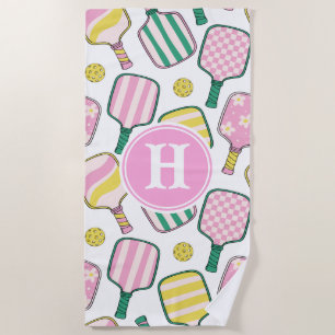 Serviette De Plage Monogramme de Pickleball Rose et Jaune Preppy
