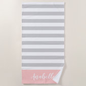 Serviette De Plage Monogramme de rayures grises et bleues | Couleurs (Devant)