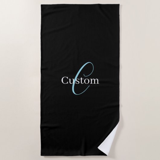 Serviette De Plage Monogramme de script cursif éditable Noir Bleu Bla (Devant)