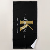 Serviette De Plage Monogramme de script en or noir (Devant)