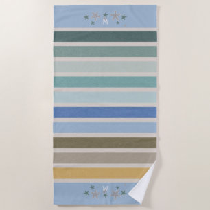 Serviette De Plage Monogramme de stries de plage et d'étoiles de mer