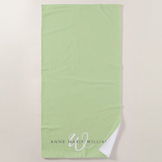 Serviette De Plage Monogramme de style moderne vert clair blanc (Devant)