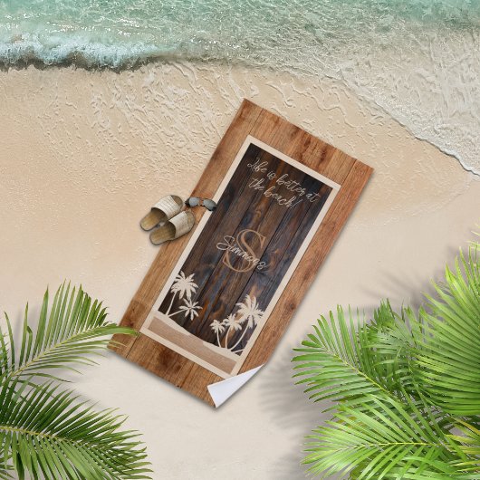 Serviette De Plage Monogramme de ton bois rustique