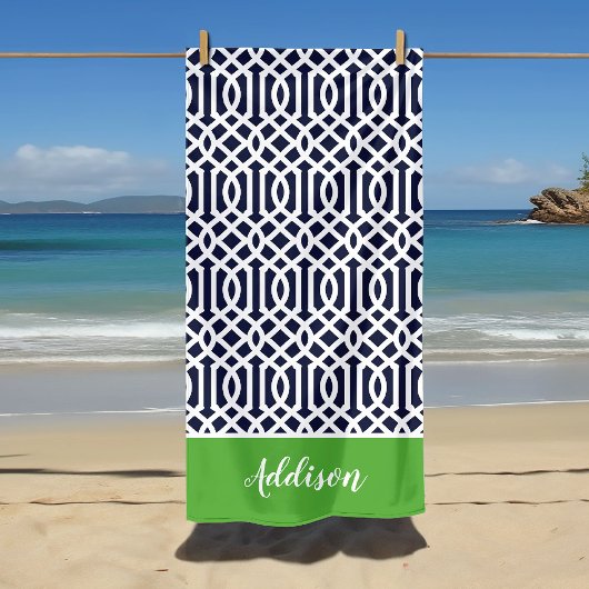 Serviette De Plage Monogramme de treillis vert et marine
