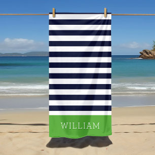 Serviette De Plage Monogramme des rayures de la marine et verte