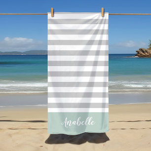 Serviette De Plage Monogramme des rayures de menthe et de gris Coul
