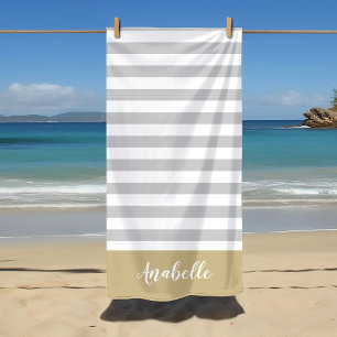 Serviette De Plage Monogramme des rayures or et gris   Couleurs modif