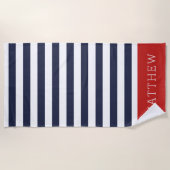 Serviette De Plage Monogramme des rayures rouge et marine (Devant)