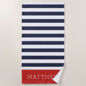 Serviette De Plage Monogramme des rayures rouge et marine (Devant)