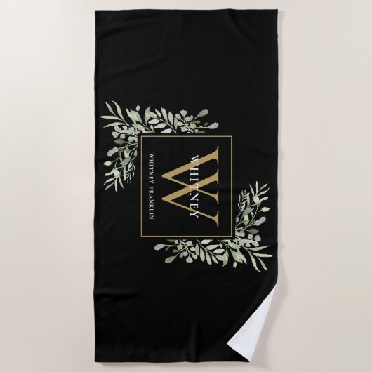 Serviette De Plage Monogramme d'or Élégant vert moderne Noir (Devant)