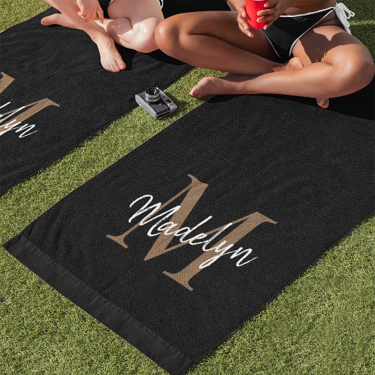 Serviette De Plage Monogramme d'or noir moderne Script féminin chic