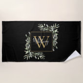 Serviette De Plage Monogramme d'or noir Vert Floral (Devant)