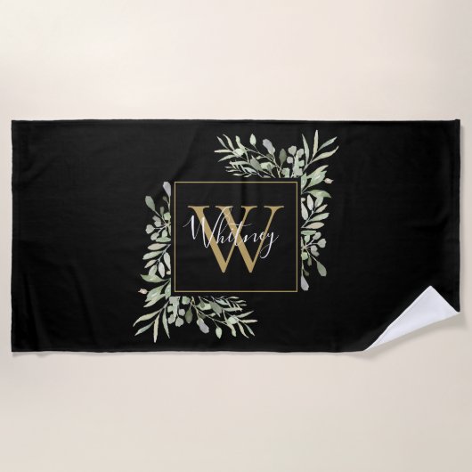 Serviette De Plage Monogramme d'or noir Vert Floral (Devant)