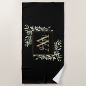 Serviette De Plage Monogramme d'or noir Vert Floral (Devant)